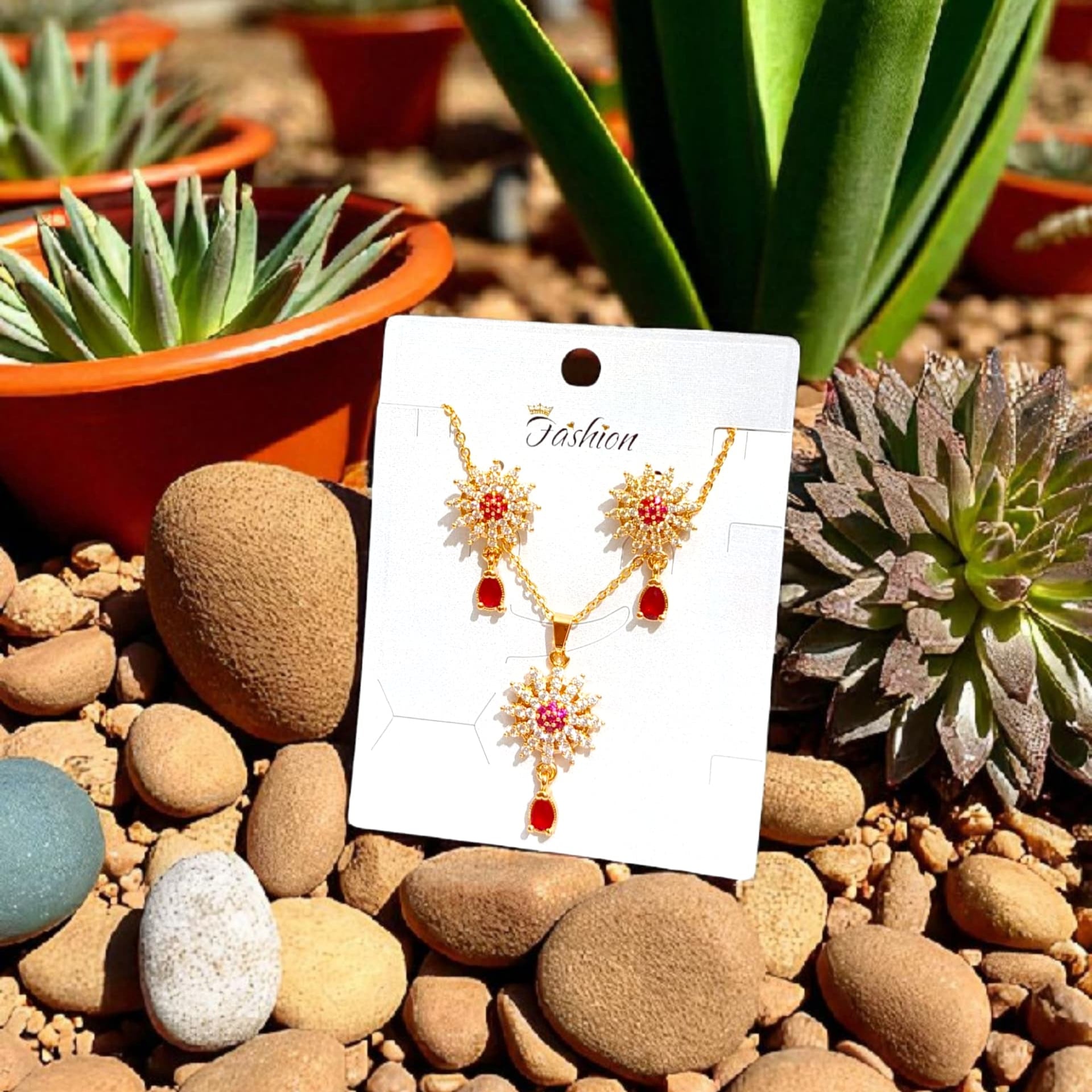 Flower Pendant Set Drop Red Stone