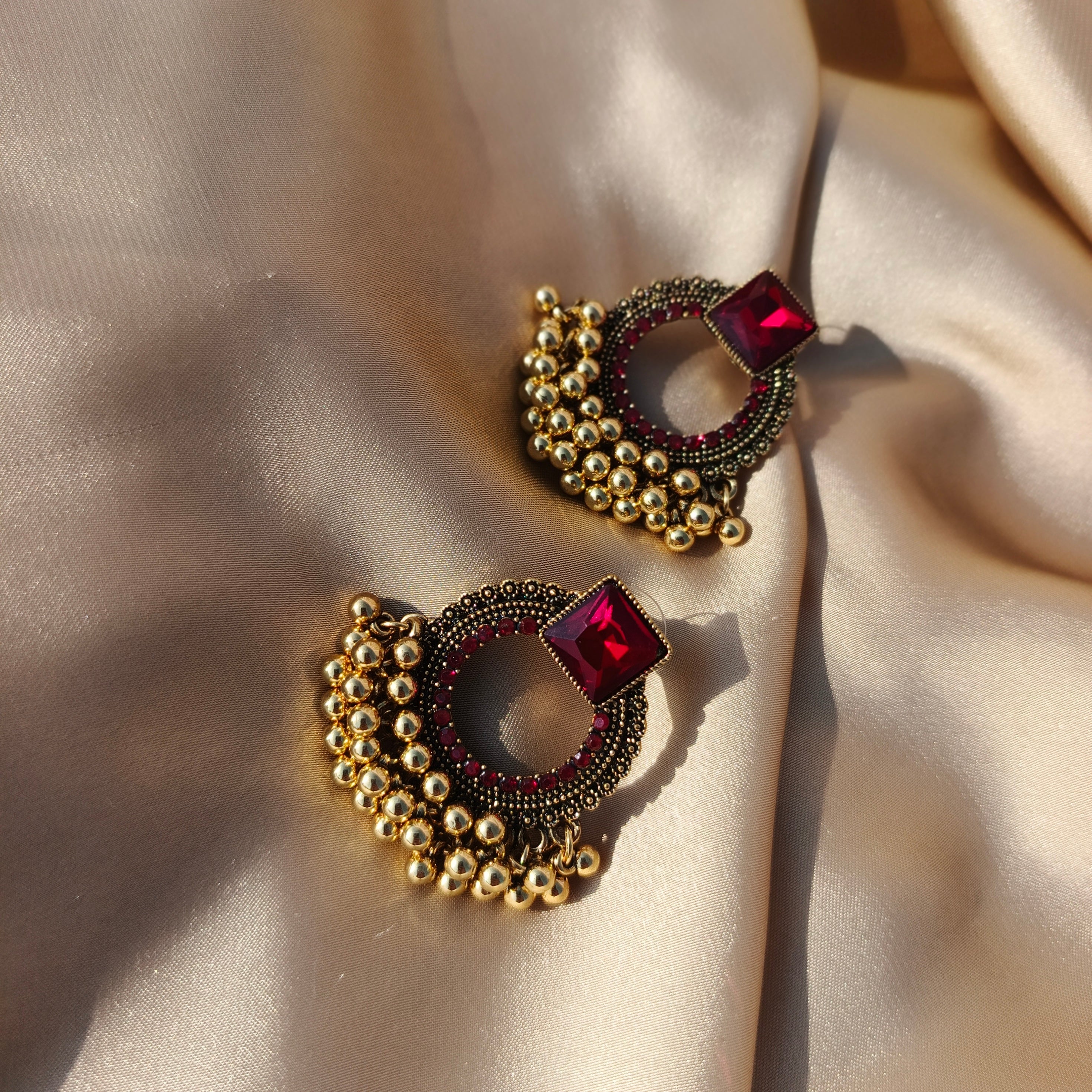 Antique Stone Stud Earrings with Maroon Beaded Detailing