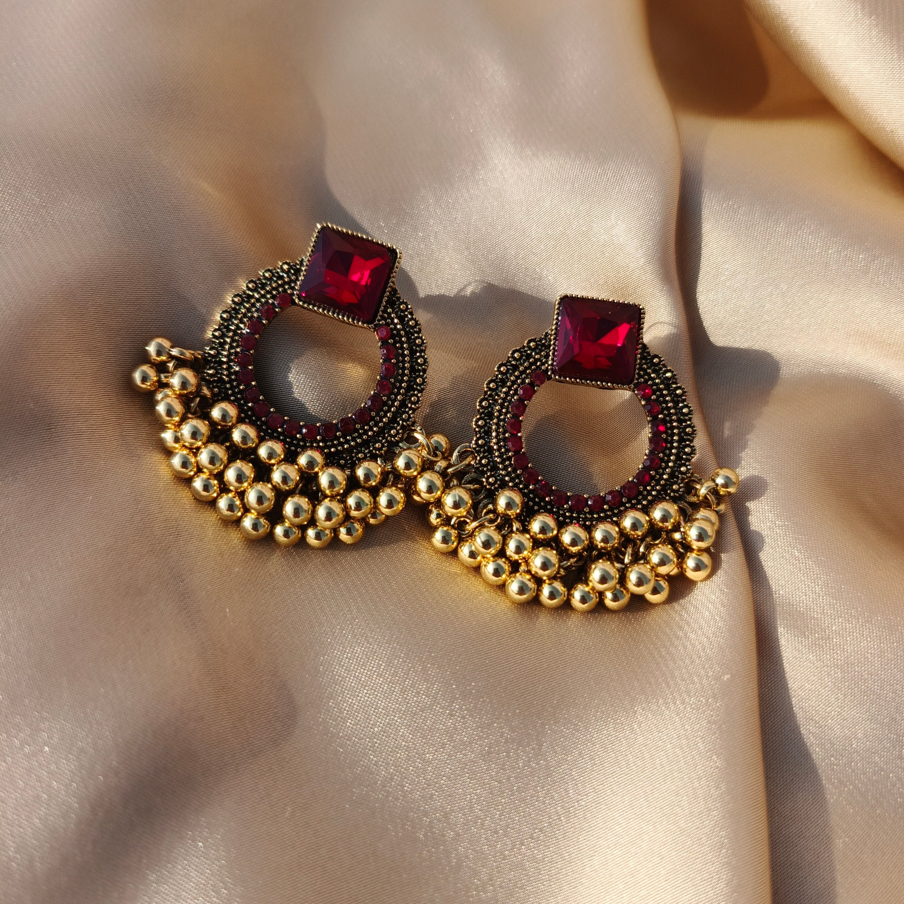 Antique Stone Stud Earrings with Maroon Beaded Detailing