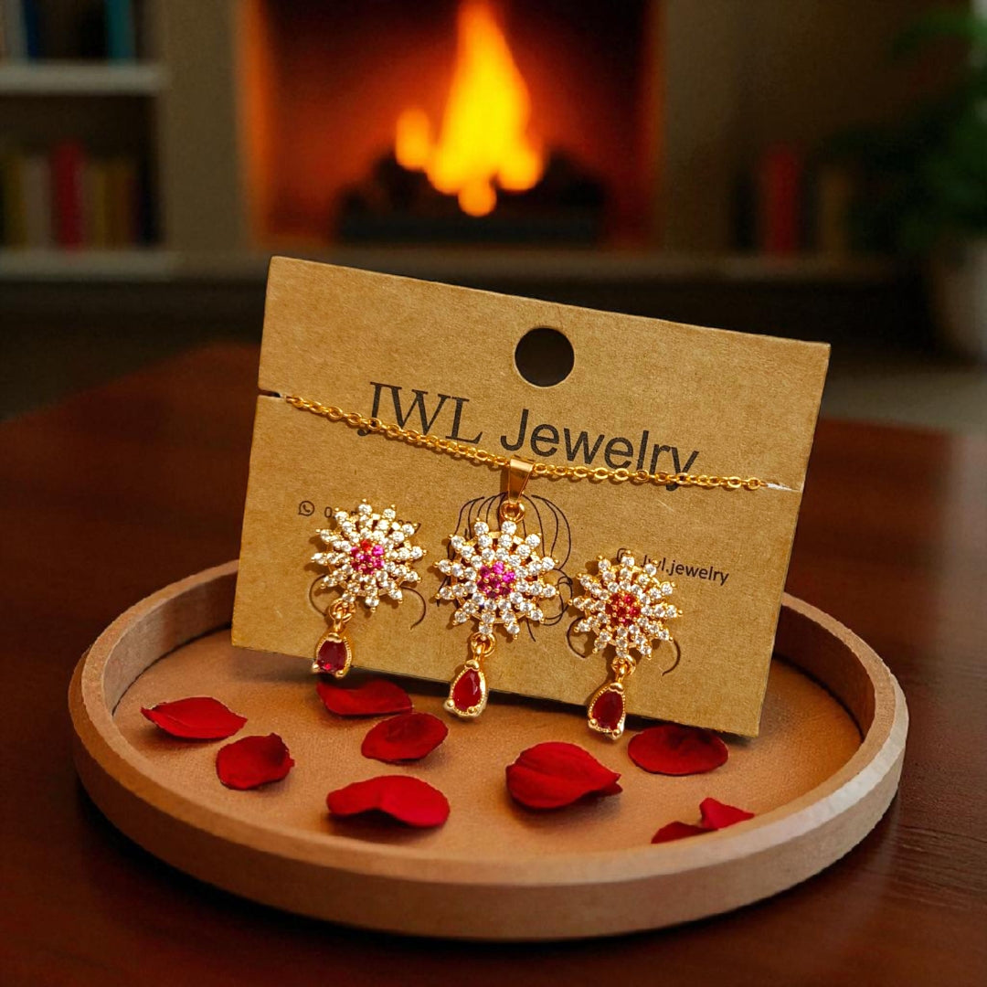 Flower Pendant Set Drop Red Stone