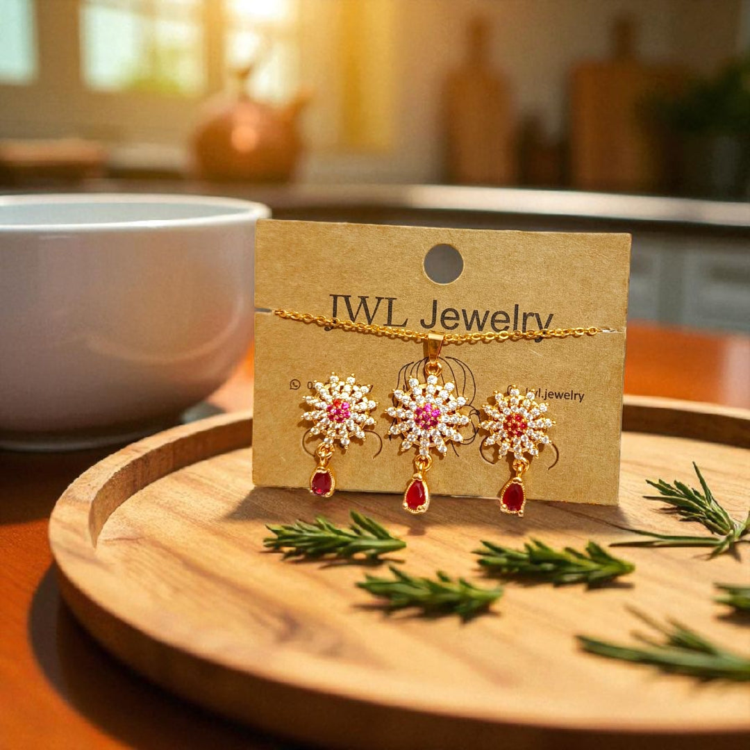 Flower Pendant Set Drop Red Stone