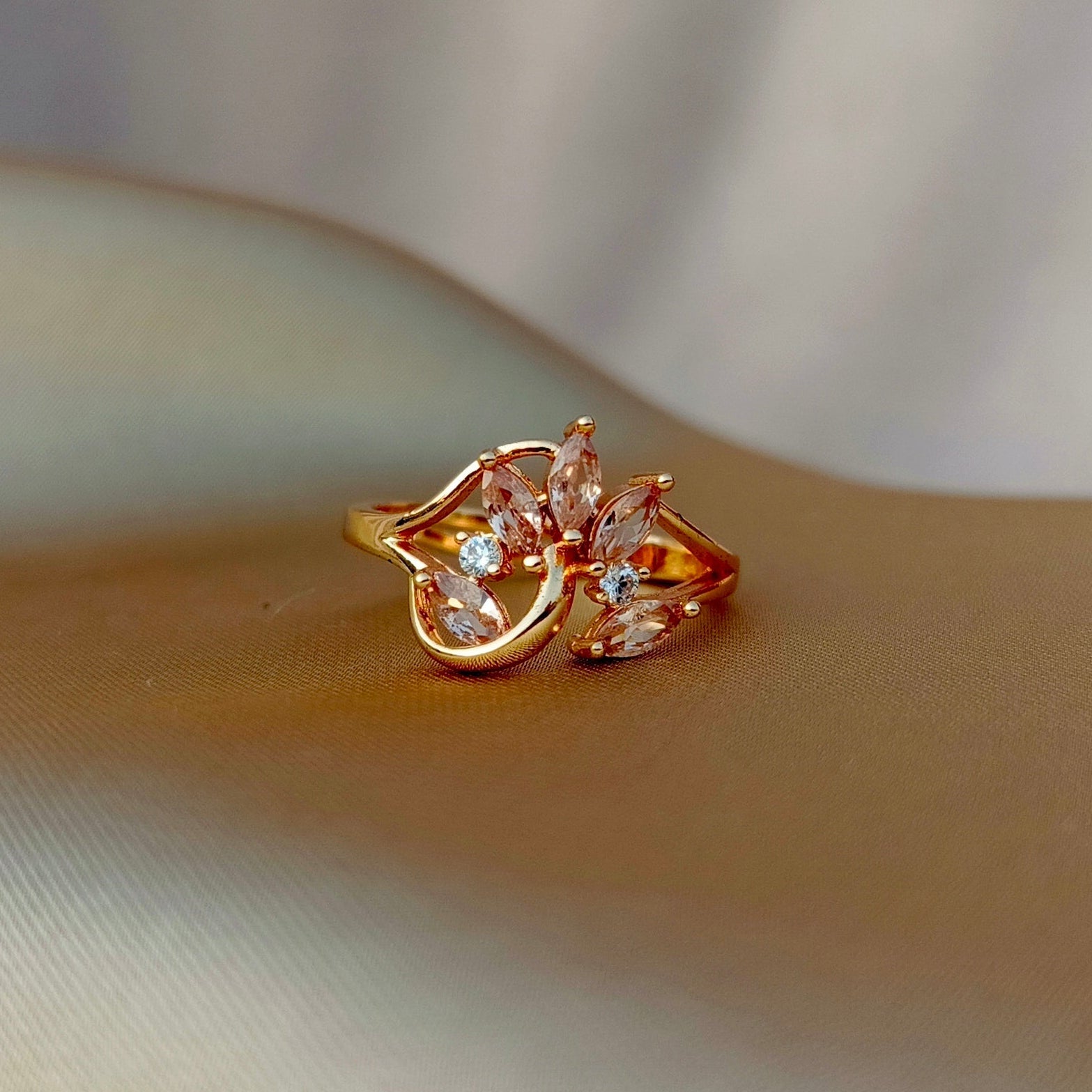 Delicate Adjustable Crystal Flower Ring for Women | Elegant Gold Finish Statement Ring