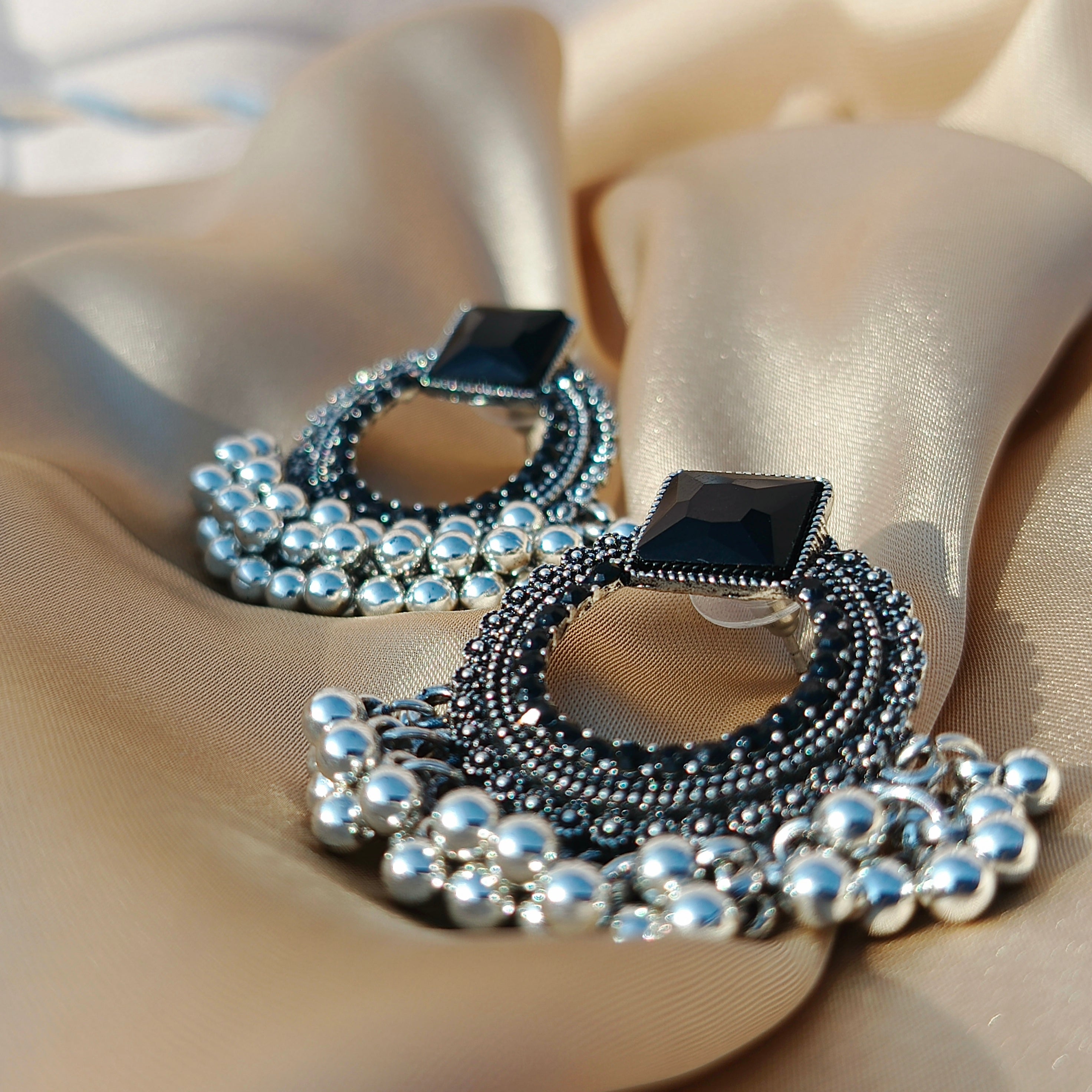 Antique Stud Earrings with Black Beaded Detailing