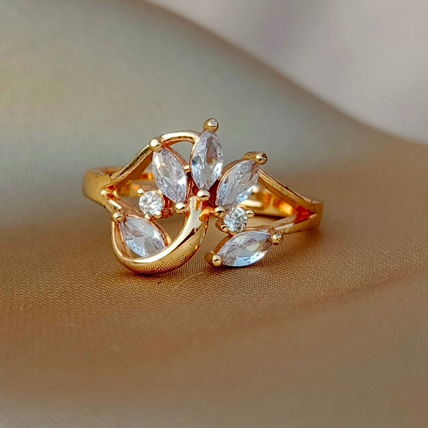 Delicate Adjustable Crystal Flower Ring for Women | Elegant Gold Finish Statement Ring