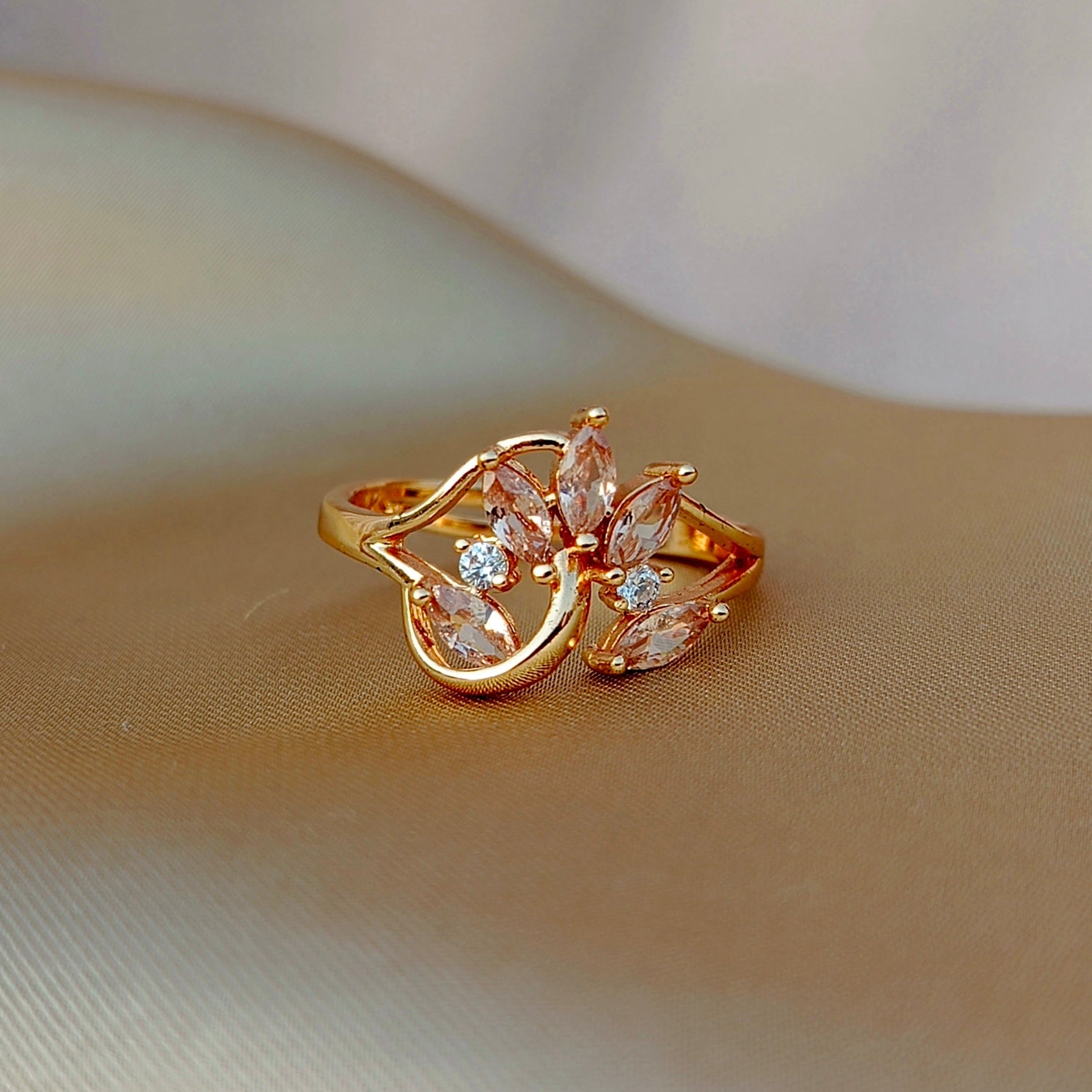Delicate Adjustable Crystal Flower Ring for Women | Elegant Gold Finish Statement Ring