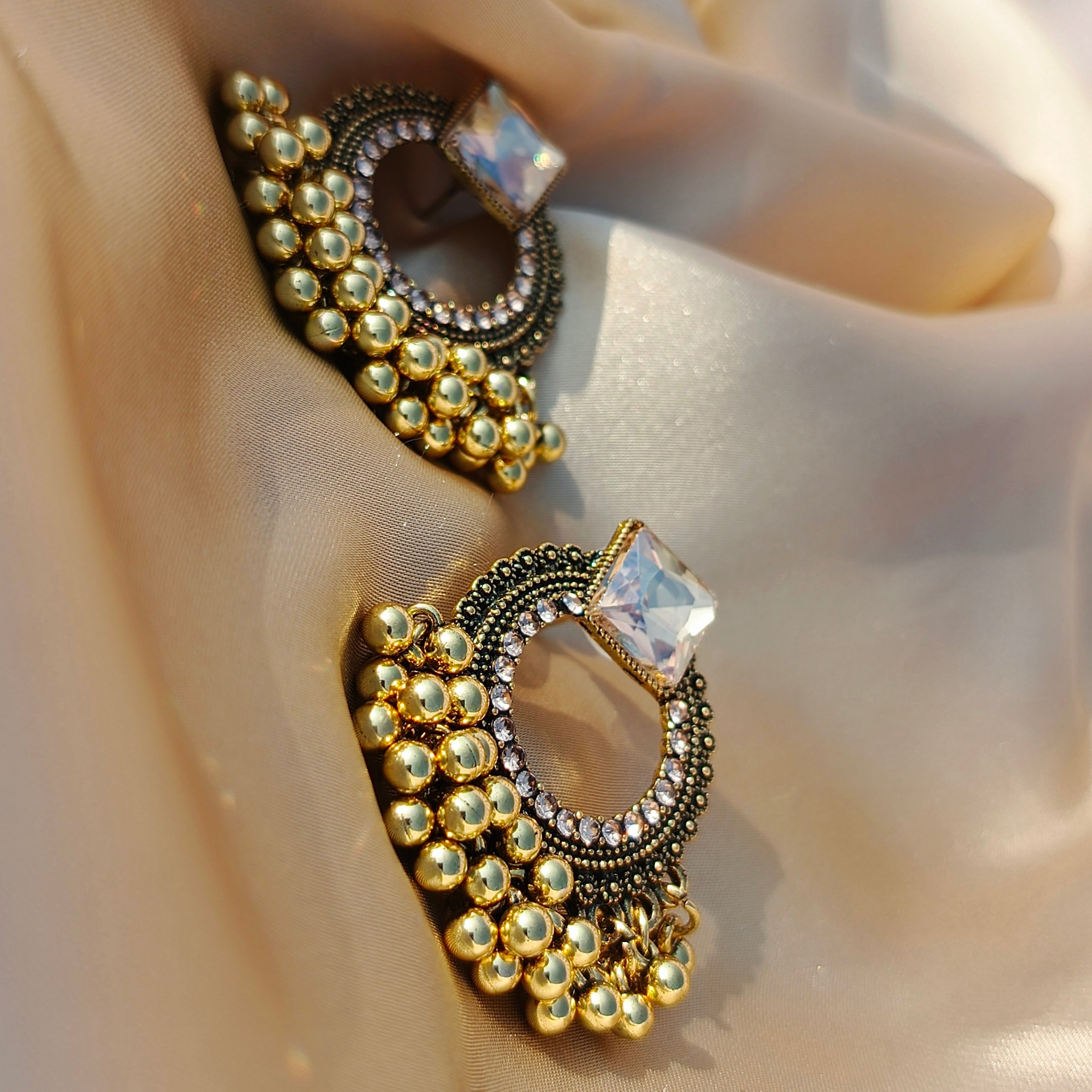 Antique Stone Stud Earrings with Golden Beaded Detailing