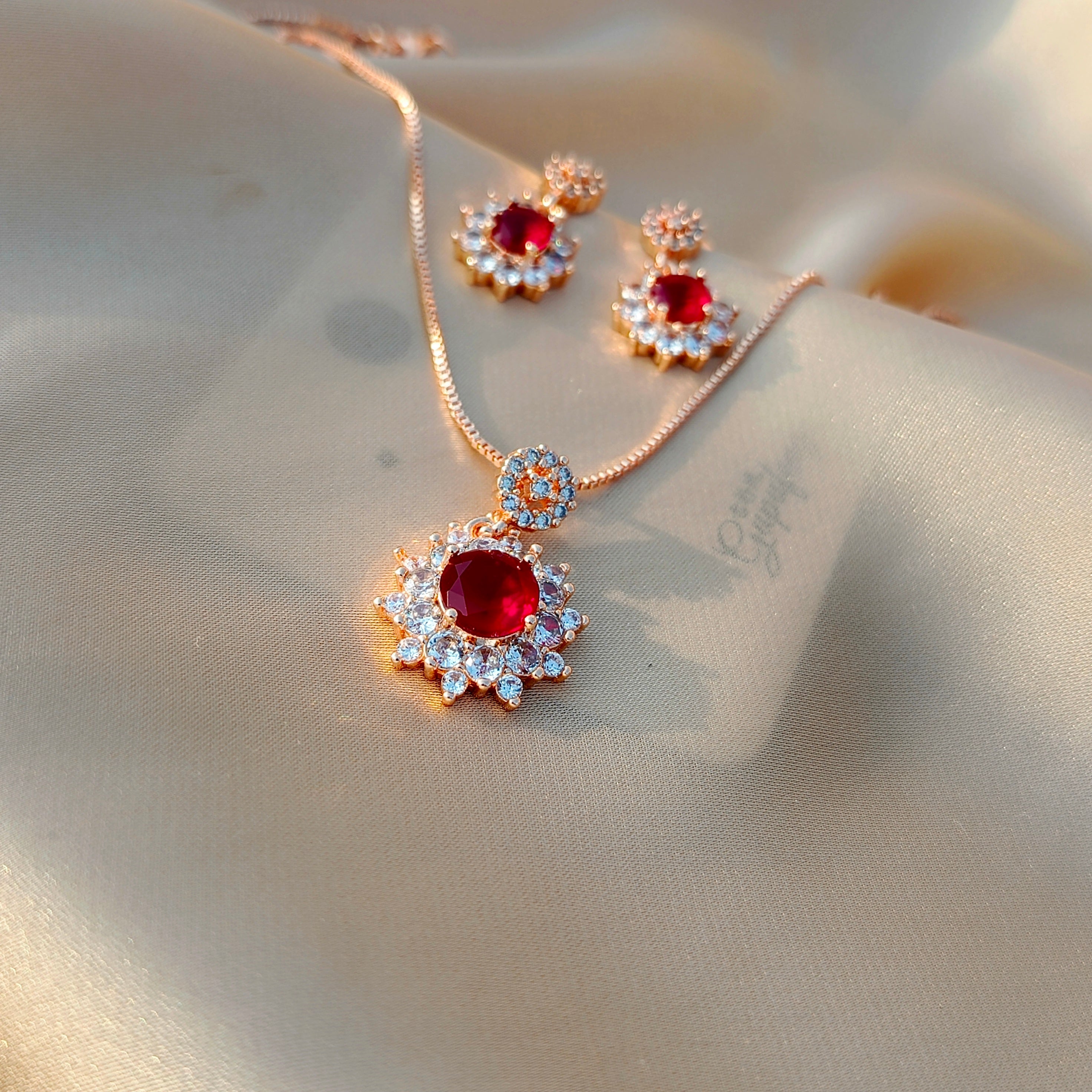 Floral Red Stone Pendant Set