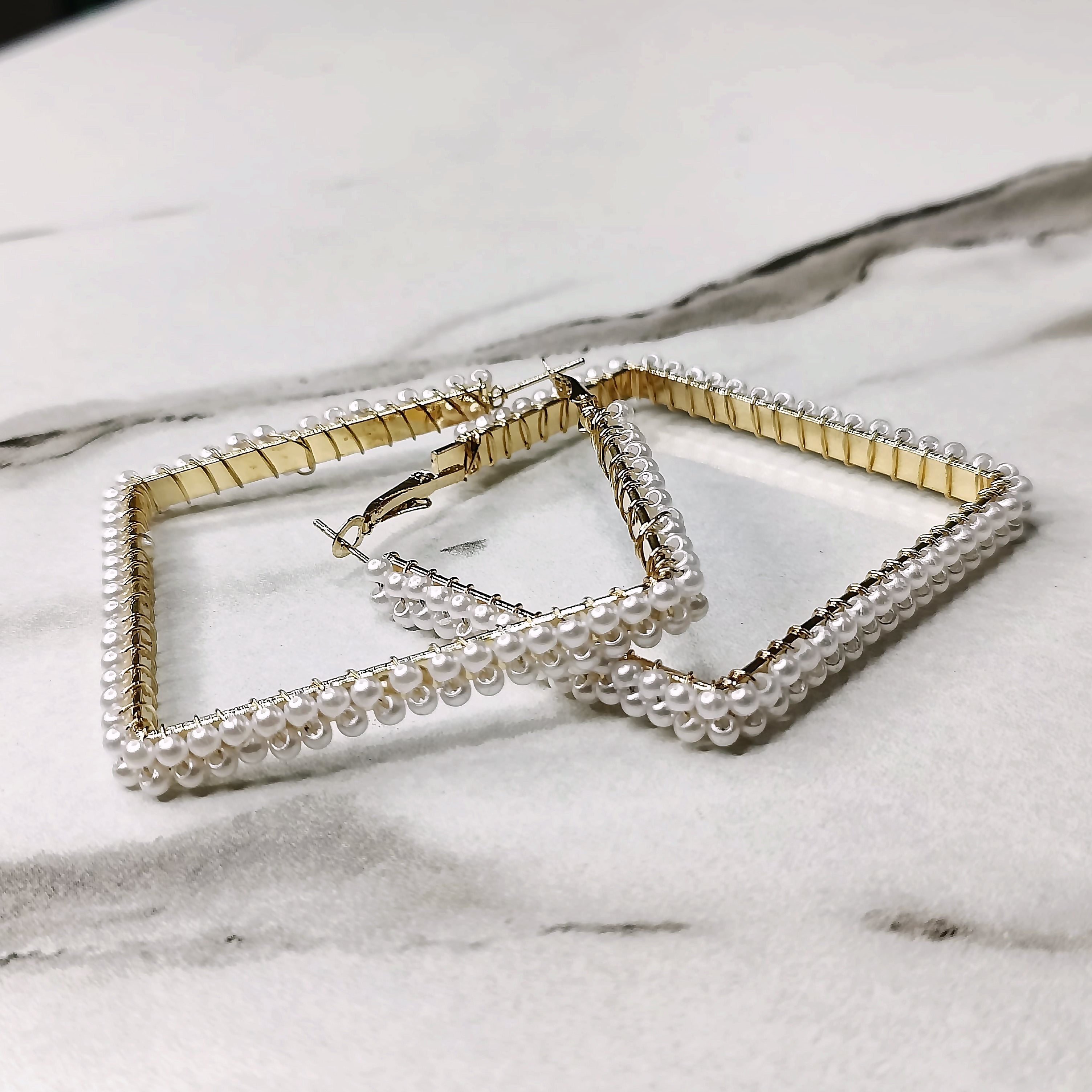 Square Hoop Earrings Pearl Beaded