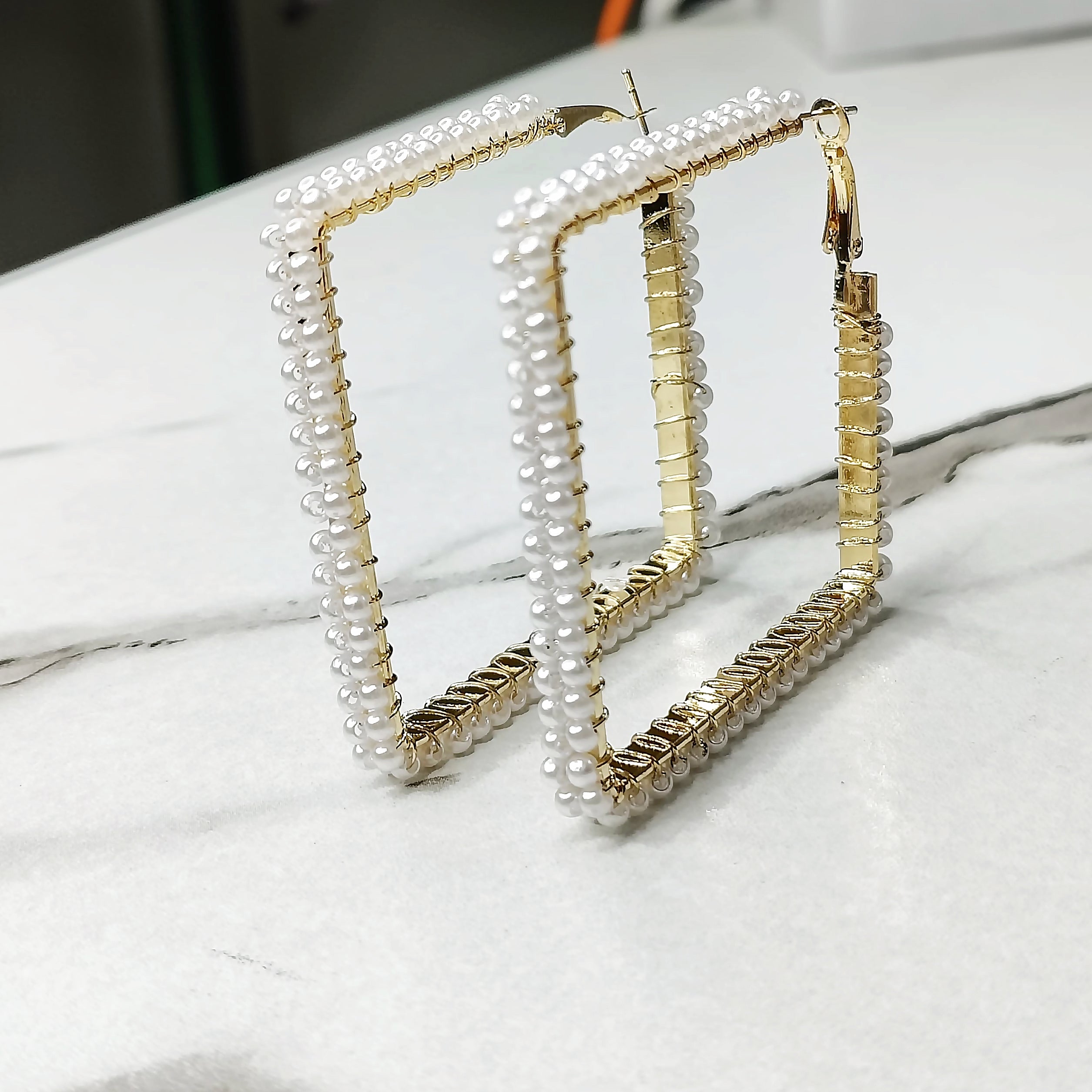 Square Hoop Earrings Pearl Beaded