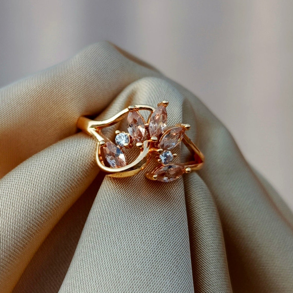 Delicate Adjustable Crystal Flower Ring for Women | Elegant Gold Finish Statement Ring