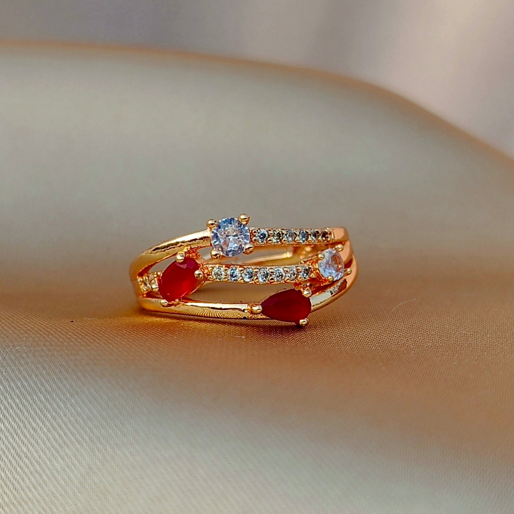 Elegant Adjustable Triple Band Ring with Teardrop and Sparkling Zircon Stones